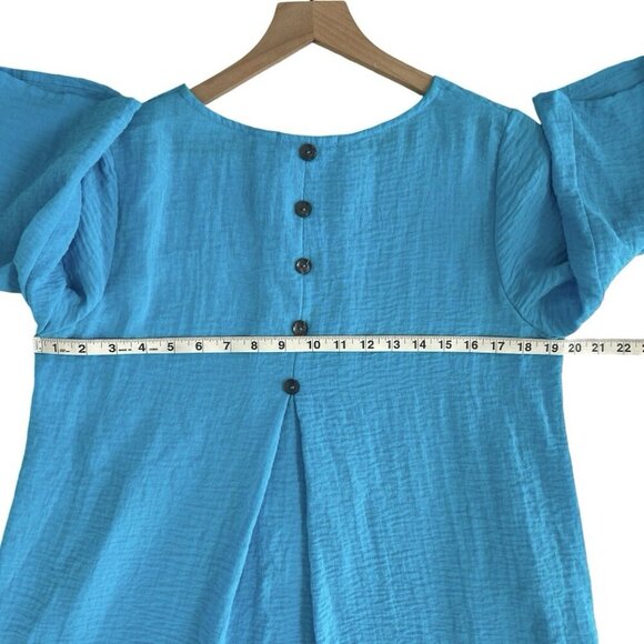 Yushi Blue Lagenlook Tunic Top V Neck 3/4 Sleeve Boho Art Gauzy Button Blouse - Picture 10 of 15